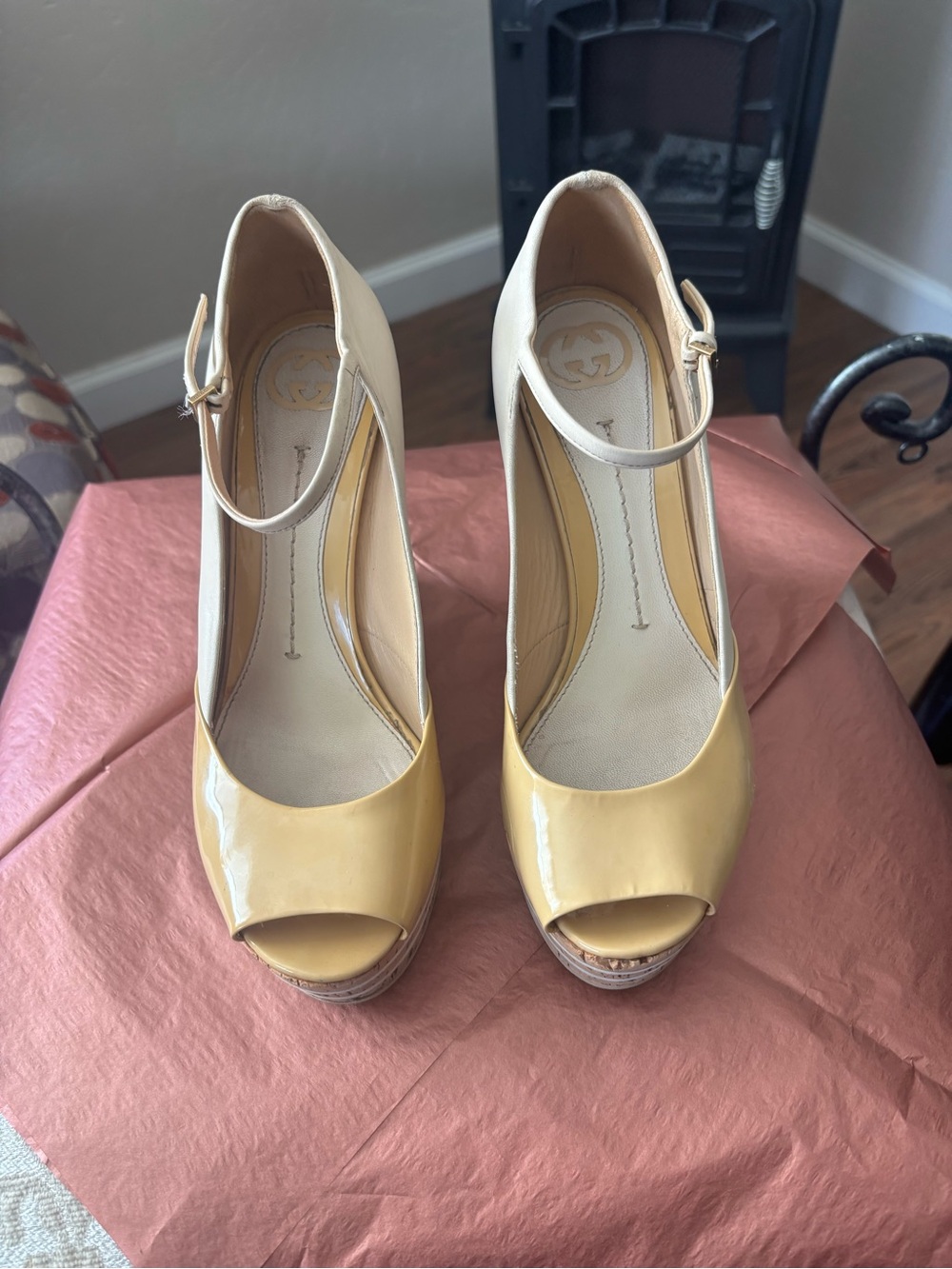 Gucci Yellow & Cream Patent Peep-Toe Platform Wedges